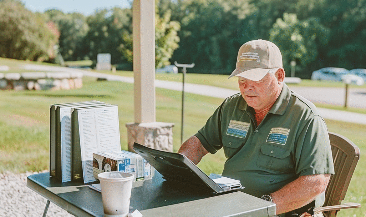 Farmer looking at reports